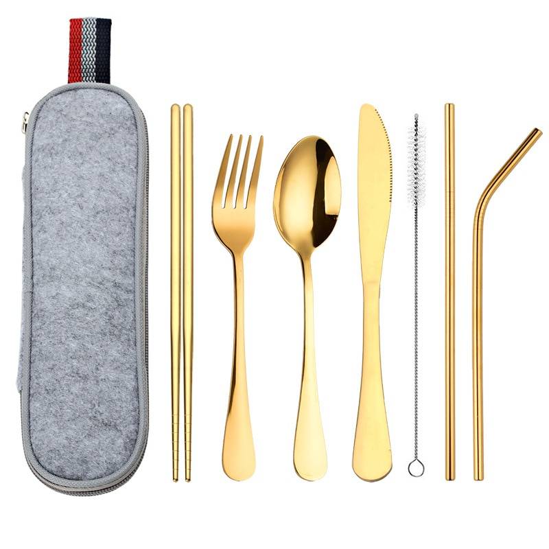 Stainless Steel Dinnerware 8 pcs Set with Portable Bag Flatware & Cutlery 5d5b78699e57104f2fa03b: Bag|Black|Blue|Colorful|Gold|Purple|Rose Gold|Silver