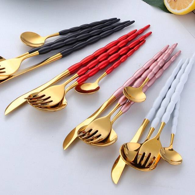 Western Style Stainless Steel Fork / Spoon / Knife Cutlery 4 pcs Set Flatware & Cutlery cb5feb1b7314637725a2e7: Black / Gold|Pink / Gold|Red / Gold|White / Gold